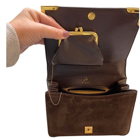 Vintage Koret Suede Leather Handbag Brown Gold Hardware Mid Century Convertible - Picture 6 of 16